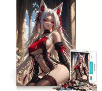 Anime Fox Girl in Red And Black Jigsaw Puzzle 1000 Pieces Mental Focus Game Precision Cut Smooth Edges Absorbing Activity for Quiet Nights (38x26cm)