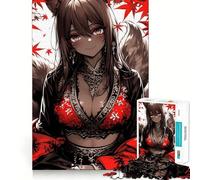 Anime Fox Girl in Red Anime Girl Jigsaw Puzzles 1000 Mental Focus Game Precision Cut Smooth Edges Meaningful Connection Building Game (38x52cm)