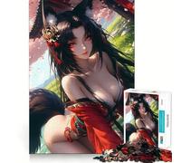 Anime Fox Girl in Red Kimono 1000 Piece Adult Puzzles Logic Puzzle Play Precision Cut Smooth Edges for Family Gatherings (38x26cm)
