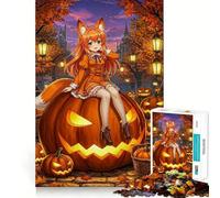 Anime Fox Girl on Halloween Pumpkin Adults 1000 Pieces Puzzle Mental Fun Game Advanced Laser Cutting Tech Amusing Challenge for Waiting Time (38x26cm)