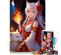 Anime Fox Girl with Fire And Fox Adults 1000 Pieces Puzzle Mind Training Fun Burr Free Clean Cut Pieces Heartwarming Gathering Activity (50x75cm)