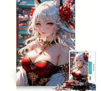 Anime Fox Girl with Red Accents Jigsaw 1000 Pieces for Teenagers Memory Train Fun Clean Seamless Connection Relaxing Indoor Group Activity (38x26cm)