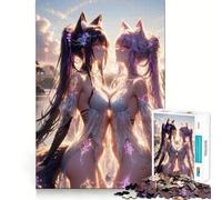 Anime Fox Girls Sunset Adults Puzzles 1000 Piece Jigsaws Recall Skill Fun High Precision Die Cut Easy to Learn Family Enjoyment (38x52cm)