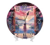 Anime Frameless Wall Clock Senic Sunset Mountain Cherry Blossom and Fallen Flowers with a Girl Blue Pink PVC Silent Waterproof Bedroom Kitchen Round Wall Clock 10x10 Inch