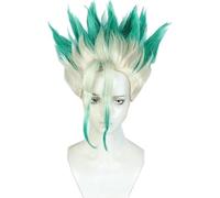 Anime Game Cosplay Wig Dr. Stone Ishigami Senku Wig Green Gradient Gold Short Wig Hair Heat Resistant Synthetic Wigs for Halloween Costume Party Role Play+Wig Cap