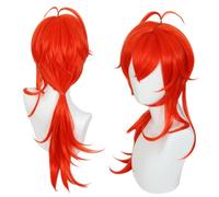 Anime Game Cosplay Wig for Genshin Impact Diluc, Red Curly Hair Ponytail Hair Modeling Party Dress Up Wig, Heat Resistant Synthetic Hair No Tangle,No Shedding + Free Wig Cap