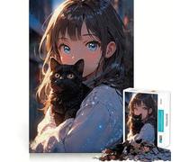Anime Girl And Black Cat Jigsaw Puzzle 1000 Think Boost Game Tight Lock No Loose Pieces Interactive Brain Challenge for Home (50x75cm)