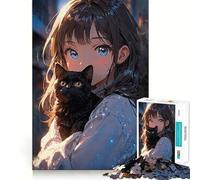Anime Girl And Black Cat Jigsaw Puzzle 1000 Think Boost Game Tight Lock No Loose Pieces Interactive Brain Challenge for Home (38x26cm)