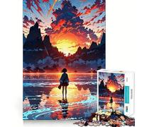 Anime Girl at Sunset Lake 1000-piece Jigsaw Puzzles Brain Focus Game Expert Cutting Craftsmanship Fascinating Hobby for Idle Moments (38x26cm)