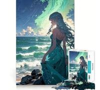 Anime Girl by The Sea Jigsaw Puzzles 1000 Mental Focus Game Precision Cut Smooth Edges Meaningful Connection Building Game (38x26cm)