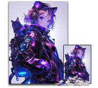 Anime Girl Cat 1000Pc Adults Jigsaw Puzzle Puzzles for Adults Perfect for Family Fun on Christmas Thanksgiving Birthdays & Easter 1000 PCS(75x50cm)
