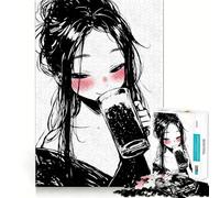Anime Girl Drinking Beer Black Ink Jigsaw 1000 Pieces Focus Building Toy Zero Gap Rewarding Activity for Rainy Days (38x52cm)