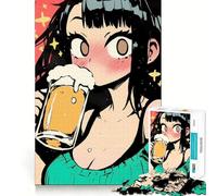 Anime Girl Drinking Beer Jigsaw Puzzles 1000 Pieces Focus Boost Fun Laser Cut for Flawless Fit Bonding Activity for Loved Ones (38x52cm)