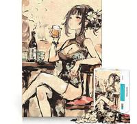 Anime Girl Drinking Sake 1000 Piece Jigsaw Puzzles for Teenagers Recall Fun Play Tight Interlock No Gaps Family Fun Night Activity (38x26cm)