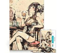 Anime Girl Drinking Sake Jigsaw Puzzles 1000 Mental Focus Game Precision Cut Smooth Edges Meaningful Connection Building Game (50x75cm)