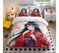 Anime Girl Duvet Cover Japanese Kimono Bedding Set with Pink Cherry blossoms Soft Microfiber Bedding for Teen Girls Women Bedroom Decor (style1,Double200x200cm+50x75cm*2)