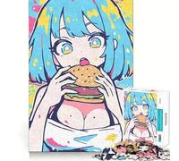 Anime Girl Eating Burger Adults 1000 Pieces Puzzle Mind Training Fun Burr Free Clean Cut Pieces Heartwarming Gathering Activity (50x75cm)