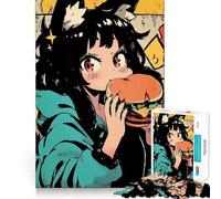 Anime Girl Eating Burger Jigsaw Puzzle 1000 Think Boost Game Tight Lock No Loose Pieces Interactive Brain Challenge for Home (50x75cm)