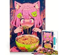 Anime Girl Eating Ramen with Cat Ears 1000 Piece Puzzle For Adults Mind Skill Play Laser Cut for Flawless Fit Rewarding Activity for Rainy Days (38x52cm)