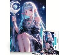 Anime Girl Elf with Moon Staff Jigsaw Puzzle 1000 Think Boost Game Tight Lock No Loose Pieces Interactive Brain Challenge for Home (38x52cm)