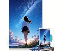 Anime Girl Gazing at Starry Sky Adults 1000 Pieces Puzzle Mind Training Fun Burr Free Clean Cut Pieces Heartwarming Gathering Activity (38x26cm)