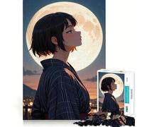 Anime Girl Gazing at The Moon Jigsaw Puzzle 1000 Piece Creative Skill Toy Clean Cut Sturdy Components Travel-friendly Brain Game Gift (50x75cm)