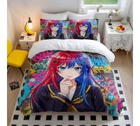 Anime Girl Graffiti Duvet Cover Double, Red Hair Blue Eyes Bedding Set, Microfiber Bedding Single Size for Teen Girls Bedroom Decor (style5,King 240x220cm+65x65cm*2)