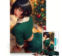 Anime Girl in Green Christmas Outfit 1000 Piece Jigsaw Puzzles Mind Challenge Toy High Precision Die Cut Amusing Challenge for Waiting Time (38x52cm)