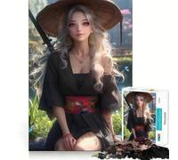 Anime Girl in Kimono Samurai Jigsaw Puzzles 1000 Recall Fun Play Burr Free Clean Cut Pieces Portable Travel Friendly Fun Game (50x75cm)
