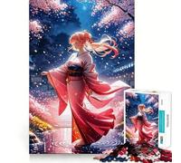 Anime Girl in Kimono Under Night Cherry Blossom Jigsaw Puzzles for Adults 1000 Think Boost Game Precise Interlock Structure Easy to Learn Family Enjoyment (50x75cm)