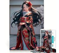 Anime Girl in Kimono with Floral Design 1000-piece Jigsaw Puzzles Brain Focus Game Expert Cutting Craftsmanship Fascinating Hobby for Idle Moments (38x52cm)