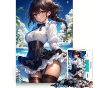 Anime Girl in Maid Outfit on Beach Cute Jigsaw 1000 Pieces for Teenagers Mind Boost Fun Zero Gap Captivating Leisure for Cozy Indoors (50x75cm)