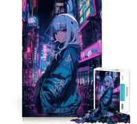 Anime Girl in Neon City Jigsaw 1000 Pieces for Teenagers Memory Train Fun Clean Seamless Connection Relaxing Indoor Group Activity (38x52cm)
