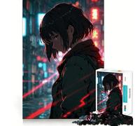 Anime Girl in Neon City Jigsaw Puzzle 1000 Pieces Mental Focus Game Precision Cut Smooth Edges Absorbing Activity for Quiet Nights (50x75cm)