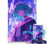 Anime Girl in Neon City Jigsaw Puzzles for Adults 1000 Think Boost Game Precise Interlock Structure Easy to Learn Family Enjoyment (38x52cm)