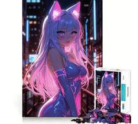 Anime Girl in Pink Neon Jigsaw 1000 Pieces Memory Skill Fun Smooth Edge Perfect Interlock Fun-filled Way to Fill Empty Hours (38x52cm)