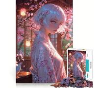 Anime Girl in Spring Cherry Blossoms Jigsaw 1000 Pieces Memory Skill Fun Smooth Edge Perfect Interlock Fun-filled Way to Fill Empty Hours (38x52cm)