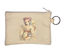 Anime Girl in Traditional Kimono Key Chain Coin Purse Beige