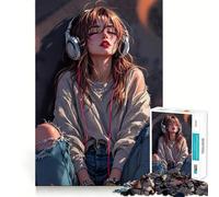 Anime Girl Listening to Music Adults 1000 Pieces Puzzle Mental Fun Game Advanced Laser Cutting Tech Amusing Challenge for Waiting Time (50x75cm)