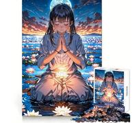 Anime Girl Praying by Water Jigsaw Puzzles1000 Pieces Logic Practice Calm Distraction Clean Edges Festive Present (38x26cm)