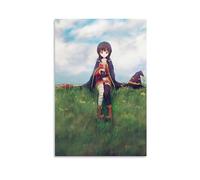 Anime Girl Sitting on Grass with Cat Magical Fantasy Art Print Colorful Wall Decor for Home Bedroom Living Room Cute Character Poster Whimsical Artwork for Fans Gift 20x30inch(50x75cm) Unframed
