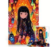 Anime Girl Surrounded by Colorful Lamps Jigsaw Puzzles 1000 Mental Focus Game Precision Cut Smooth Edges Meaningful Connection Building Game (38x26cm)