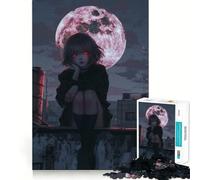 Anime Girl Under Blood Moon 1000 Piece Jigsaws Creative Skill Toy Tight Lock No Loose Pieces Bonding Activity for Loved Ones (38x26cm)