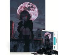 Anime Girl Under Blood Moon Jigsaw 1000 Pieces Memory Skill Fun Smooth Edge Perfect Interlock Fun-filled Way to Fill Empty Hours (50x75cm)
