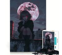 Anime Girl Under Blood Moon Jigsaw Puzzle 1000 Think Boost Game Tight Lock No Loose Pieces Interactive Brain Challenge for Home (38x52cm)