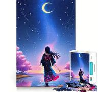 Anime Girl Under Crescent Moon Adults 1000 Piece Jigsaw Puzzle Memory Fun Game Clean Cut Sturdy Components Unique Gift for Stress Relief (38x52cm)
