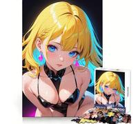 Anime Girl with Blue Eyes Wearing Black Bikini 1000 Piece Jigsaw Puzzle Thought Challenge Cozy Relaxation Cut Precisely (38x52cm)