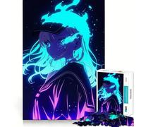 Anime Girl with Blue Fire Adults 1000 Pieces Puzzle Mental Fun Game Advanced Laser Cutting Tech Amusing Challenge for Waiting Time (38x26cm)