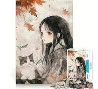 Anime Girl with Cat in Autumn Jigsaw Puzzle 1000 Piece Creative Skill Toy Clean Cut Sturdy Components Travel-friendly Brain Game Gift (38x52cm)