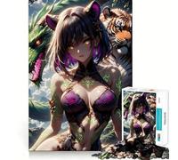 Anime Girl with Dragon And Tiger Jigsaw Puzzle 1000 Think Boost Game Tight Lock No Loose Pieces Interactive Brain Challenge for Home (38x26cm)